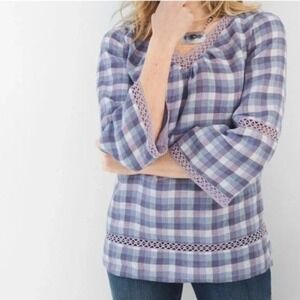 Chico's Linen Crochet Trim  Plaid Popover Top Size XL Relaxed Fit‎ Feminine